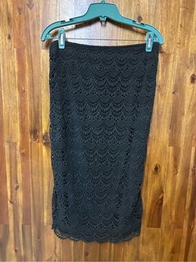 Monsoon Black Crochet Lace Midi Skirt Boho Lined Scallop Hem Resort US Size 6